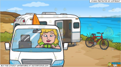 A Chubby Woman Driving A White Family Van and A Camper Home Overlooking The  Sea