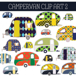 Camper van digital clip art vintage graphic art. Yellow green royal ...