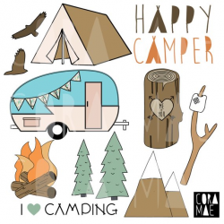 Happy Camper Clipart. 12 PNG files. Transparent background.