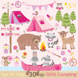 Girls Camping Clipart- Girls Pink Camp Clip Art-Forest Animals-Bear ...