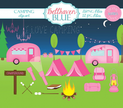 Pink Camping Clipart and Digital Paper