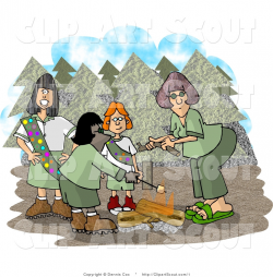 Clipart of Group of Girl Scouts Beside Campfire in the Forest by ...