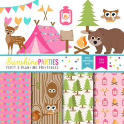 Girls Camping Party Clipart and Digital Paper Set | Camp Out ...