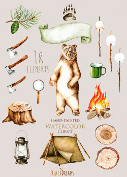 Watercolor Camping Clipart, nature forest, marshmallow, bonfire ...