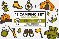 Camping Clipart / Hiking Clipart / Outdoors Clipart Elements Set Outlined &  Colored Vector Graphics