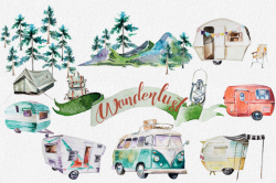 Watercolor Wanderlust Clipart Set,Retro Vehicles,Retro Camping ...