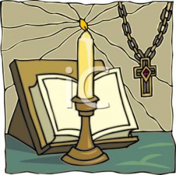 Royalty Free Clipart Image: A Rosary Necklace With a Bible and Candle