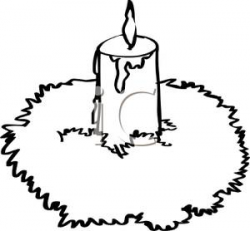 Black and White Cartoon of a Tabletop Wreath with a Burning Candle ...
