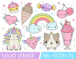 Kawaii Summer Clipart Set, Kawaii Stamps, Kawaii Unicorn Clipart ...