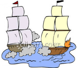 Two Ships Firing Cannons Royalty Free Clipart Picture