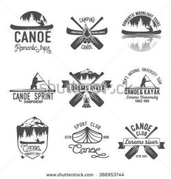 Set of vintage mountain, rafting, kayaking, paddling, canoeing camp ...