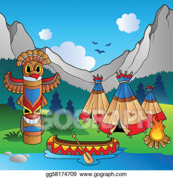 Vector Clipart - Indian village with totem and canoe. Vector ...