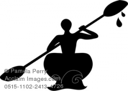 Clip Art Illustration of a Silhouette of a Man Kayaking