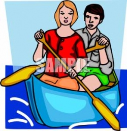 Man and Woman Rowing A Canoe - Royalty Free Clipart Picture