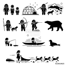 Eskimo people, lifestyle, and animals. Stick figure pictogram ...