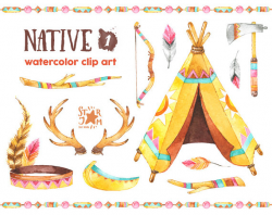 Native 1. Watercolor clipart, indian, feathers, american native, bow ...
