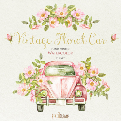 Watercolor Vintage Floral Car with Rustic Roses. Wedding