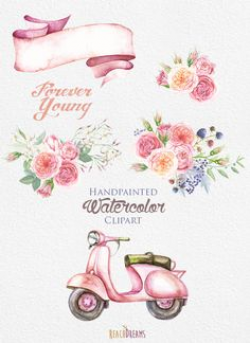 Watercolor Vintage Floral Car with Rustic Roses. Wedding invite ...