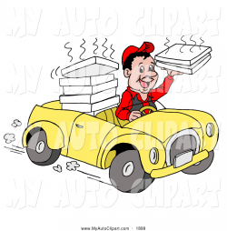 Clip Art of a Smiling Friendly Pizza Delivery Boy Driving a Yellow ...