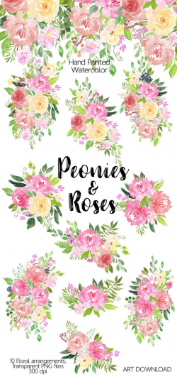 Watercolor Flower Clipart - Peonies and Roses, Floral clipart, Hand ...