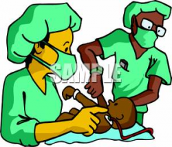 A Colorful Cartoon of Two Nurses Caring For a Newborn - Royalty Free ...