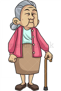 Caring Old Woman With Walking Stick Cartoon Vector Clipart