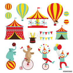 Circus Objects Flat Icons Set, Amusement Park, Theme Park, Carnival ...