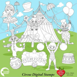 Circus Carnival Digital Stamps Clipart, Black Line, Outlines, AMB-1164