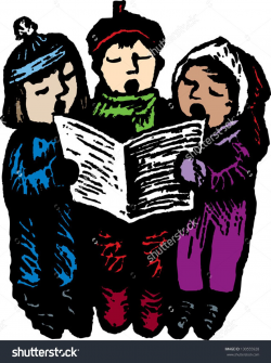 Vector illustration of three children singing carols | Christmas ...
