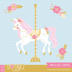 Pink & Gold Carousel, carousel clipart, carrusel clipart, printable,  unicorn clipart