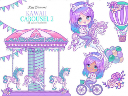 Kawaii Chibi Rainbow Hair Carousel Clipart Elements Unicorn