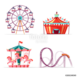 Vector cartoon amusement park attractions set. Ferris wheel, merry ...