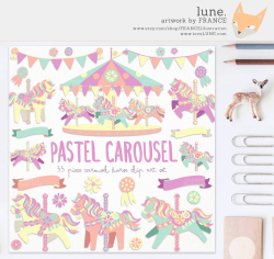 3 FOR 2. Pastel Carousel Horse Clipart. Little Pony. Cute
