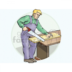 Cartoon carpenter using a hand saw clipart. Royalty-free clipart # 159991