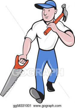 Drawing - Carpenter tradesman worker hammer and saw walking ...