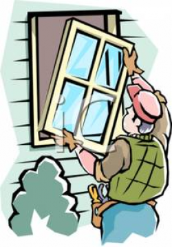 A Colorful Cartoon of a Carpenter Replacing a Window In a House ...