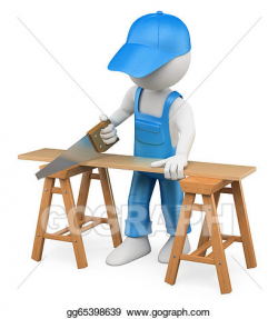 Stock Illustrations - 3d white people. carpenter cutting wood with a ...