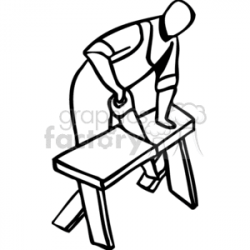 Black and White Man Using a Hand Saw to Cut a Piece of Wood clipart.  Royalty-free clipart # 159619