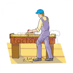 Cartoon man using a wood planer clipart. Royalty-free clipart # 159992