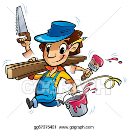 Stock Illustrations - Busy cartoon carpenter character doing many ...