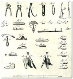 Various tools used by a shoemaker or cobbler, including scissors ...