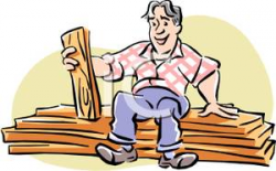 A Carpenter Sitting on a Pile of Lumber and Holding a Piece of Wood ...