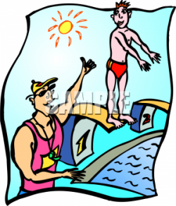 Cartoon Clipart Picture of a Swimming Coach Helping a Student On a ...