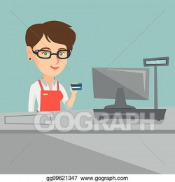 Vector Clipart - Young caucasian cashier holding a credit ...