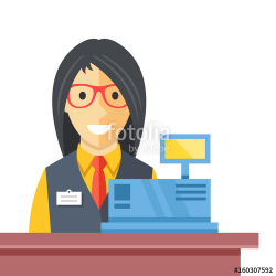 Cashier woman at checkout counter. Counter desk, cash register, till ...