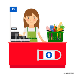 Cashier lady at her workplace. Grocery store shop assistant with ...