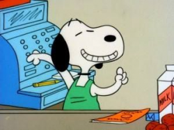 Snoopy needed to earn some extra money. He took a job as a cashier ...