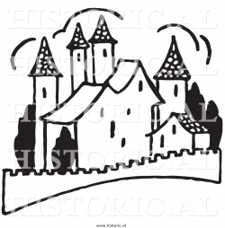 Clipart of a Castle with Fence - Black and White Drawing by Picsburg ...