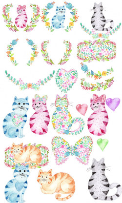 Cute watercolor cats clipart: 