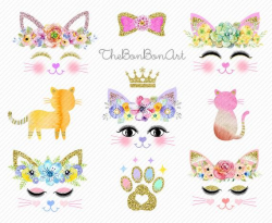 Cats Clipart. Cat party Clipart. Cat Watercolor. Cat face  clipart.Watercolor Cat Faces Glitter Clipart.kitty clipart digital.Kittens  Clipart
